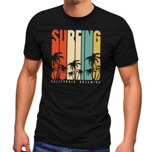 Herren T-Shirt Surfing Surfer Style Schriftzug California Dreams Palmen Print Sommer Fashion Streetstyle Neverless® schwarz 5XL