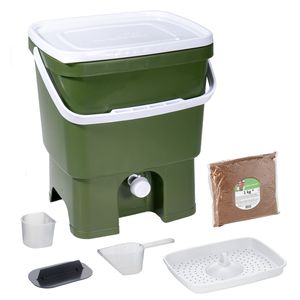 Skaza Bokashi Organko Küchenkompostbehälter aus recyceltem Kunststoff | 16 L| Starter Set für Küchenabfälle und Kompostierung | mit EM Bestreuung 1 kg | Olive Grün