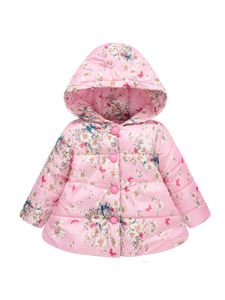 Mädchen Winter Warme Kapuzenjacke Gedruckt Parka Down Schneeanzug Jacke Oberbekleidung, Farbe: Rosa Blumen, Größe: DE 116