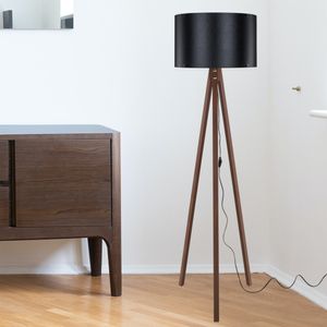 Stehlampe Guildford 1 x E27 Stehleuchte für Wohnzimmer Dreibein Holz Standleuchte Walnuss-Optik Schwarz