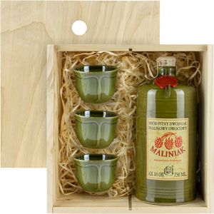 Met Dwójniak Maliniak-Halber Himbeere (Keramik) Geschenkset in einer leichten Holzbox mit 3 kleinen Keramikbechern | 750ml | 16% Alkohol Metwein | Polnische Produktion