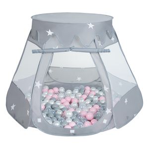 Selonis dětský stan na hraní 105X90cm/200 míčků Hradní domeček Pop Up Ballpit Plastové míčky pro děti, Grey:Pearl-Grey-Transparentní-Pudrově růžová