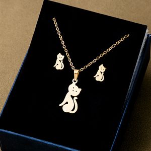 Schmuckset Katze Halskette 1x paar Ohrringe Gold Tiermotiv Geschenk Damen Kinder