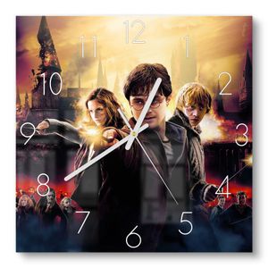 DEQORI Glasuhr 30x30 cm Zahlen 'Happy Potter Collage' Wanduhr Glas Uhr Design leise