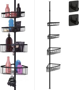 smartpeas Teleskop-Duschregal ohne Bohren – 4 Körbe – Größe verstellbar: 76 bis 280 cm – Gummierte Enden – Pulverbeschichteter Stahl in Schwarz – Plus: 2 selbstklebende Haken
