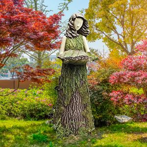Fee Statue Garten Dekofigur, Stehende ElfenSkulptur mit Vogelfütterungsstation