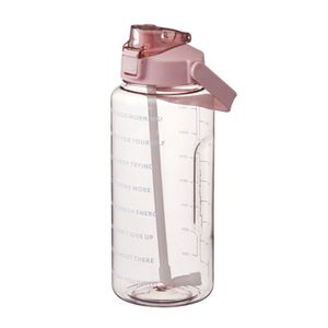 2L Trinkflasche Sportflasche Wasserflasche Getränkeflasche Fitness Trinkflasche mit Strohhalm,mit Zeitmarkierung (Transparentes Rosa)