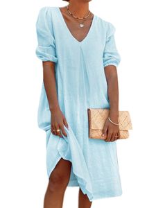 Damen Kurzarm Baumwolle Leinen Midikleid Casual Vintage V-Ausschnitt Kleider,Farbe: Hellblau,Größe:L