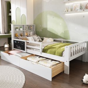 Flieks Kinderbett 90x200cm mit 2 Schubladen, Einzelbett Massivholzbett mit Regalen und Lattenrost, Kinderbett mit Tafel, Weiß