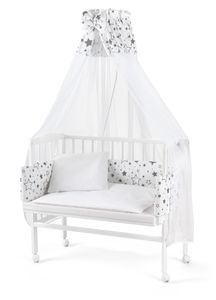 Detský spoločný spánok, matrac, textilná súprava, masívny buk, nastaviteľný, hviezdičky, biely lak
