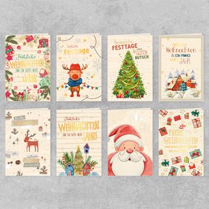 GreenLine Weihnachtskarten Set 8 Stück inkl. Umschlag Weihnachtsgrüße Frohe Weihnachten Handmade Recycling Glückwunschkarte aus 100% baumfreien Zuckerrohrpapier