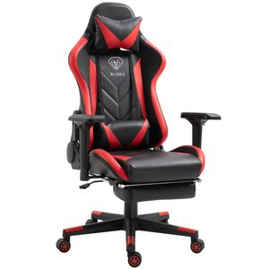 Gaming Stuhl mit Fußstütze und ergonomsichen 4D-Armlehnen gaming chair in ergonomischer Sportsitz Optik Gamer Stuhl mit verstellbaren Rückenstützkissen Bürostuhl, Farbe:Schwarz/Rot