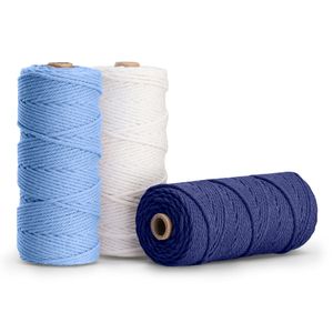 Navaris Makramee Garn 3er Set - Baumwollschnur für DIY Projekte Wandteppich Traumfänger - Baumwolle Baumwollkordel - weiß dunkelblau hellblau