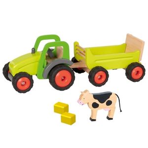 goki 55886 Traktor mit Anhänger 44,6 x 16,3 x 15,2 cm, 2 Teile, Holz, grün/natur