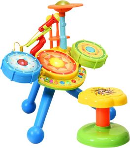 Kinder Trommel Set mit Hocker, Schlagzeug mit Blinkenden Lichter und Mikrofon, Spielzeug für Kinder ab 36 Monate, Kinder Musikinstrumente