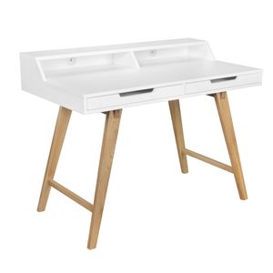 WOHNLING Schreibtisch 110 x 85 x 60 cm MDF-Holz skandinavisch weiß matt Arbeitstisch | Design Laptoptisch mit Kabeldurchlass | Bürotisch mit Eiche-Beinen