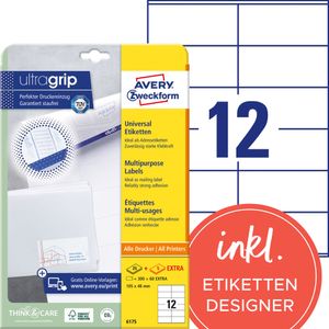 Avery Zweckform 6175 Universal-Etiketten, A4 mit ultragrip,  Adressaufkleber 105 x 48 mm, weiß