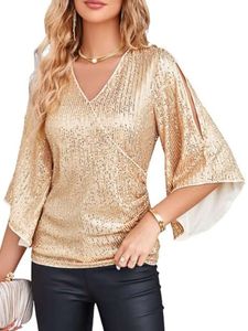 Damen Bluse Pailletten Part T-Shirt Tunika Bluse Casual Tee Sommer Shirts Locker Tops Gold,Größe 2xl