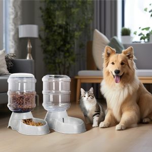 Navaris Wasserspender & Futterspender für Katze und Hund - 2x 3,8 L Groß - Automatischer Trockenfutter Spender für Katzen und Hunde in Grau