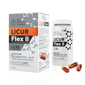 Kurkuma Kapseln hochdosiert mit Collagen UC-II®, Vitamin C und D, Mangan und Kupfer – Mizellen Curcumin, 185x höhere Bioverfügbarkeit - Licur Flex II