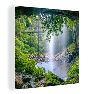 OneMillionCanvasses® - Leinwandbilder - Bild auf Leinwand Wandbild Leinwandbild Dschungel - Regenwald - Wasser - Wasserfall - Pflanzen, 20x20 cm, Kunstdruck Wandkunst Gemälde auf Holzrahmen