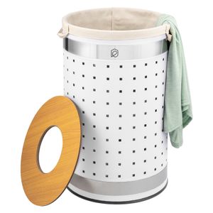 eluno runde Wäschetonne, Wäschekorb, Wäschesammler mit waschbarem Wäschesack und abnehmbaren Deckel, 50 Liter Fassungsvermögen für Schlafzimmer, Badezimmer, Wäscheaufbewahrung aus Metall, weiß
