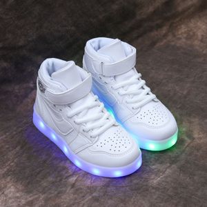 Jungen Mädchen High-Top Sportschuhe Frezeit Leuchtende Turnschuhe USB Aufladung LED Beleuchtet Kinderschuhe Sneakers Weiß Größe 35