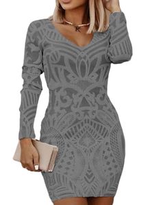 Damen V-Ausschnitt Kurzes Kleid Party A-Linie Lässig Langärmlig Eng Minikleider Grau,Größe M