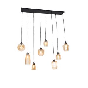 QAZQA - Art Deco Art Deco Hängelampe I Pendellampe I Pendelleuchte schwarz mit Bernsteinglas 8-flammig - Hanne I Wohnzimmer I Schlafzimmer - Länglich - LED geeignet E27