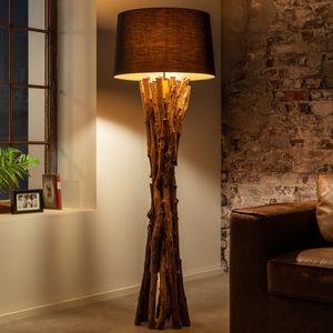 Massivholz Stehlampe HARMONY NATURE 151cm schwarz Teak mit Baumwollschirm