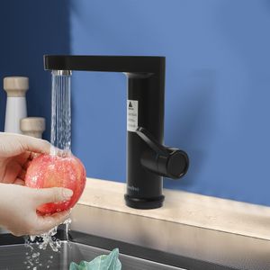 3200W Elektrisch Wasserhahn mit LED Temperaturanzeige 30-60℃ Waschtischarmatur Edelstahlrohr Heißwasserhahn (schwarz) für Küche Bad
