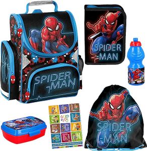 Spiderman Schulranzen ergonomischer Ranzen Turnbeutel Federmappe Trinkflasche Brotodose Aufgabenheft für die Grundschule 6er Set Lizenzartikel Marvel Spiderman Spider-man Comics Mehrfarbig