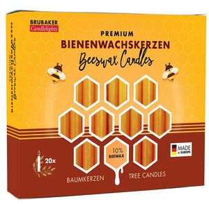 BRUBAKER 20er Pack Baumkerzen 10% Bienenwachs Weihnachtskerzen Pyramidenkerzen Christbaumkerzen Honig-Gelb