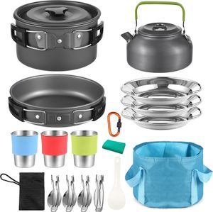 Campinggeschirr Kochset für 3 Personen 22-teilig Campingtopf und Pfanne Kochset Outdoor Camping Wandern Rucksackreisen mit Tragetasche Camp
