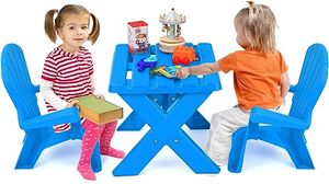 COSTWAY 3 TLG. Kindersitzgruppe, Kindertisch mit 2 Adirondack-Stühlen, Kindertischgruppe aus Kunststoff, Kindermöbel Kinder Tischset, für Kindergarten Kinderzimmer Garten Rasen (Blue)