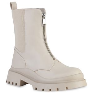 VAN HILL Damen Leicht Gefütterte Stiefeletten Plateau Boots Profil-Sohle Schuhe 837956, Farbe: Beige, Größe: 39