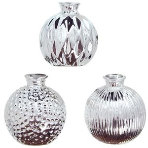 SIDCO Vase 3 x Kugelvase silber Look Porzellan Blumenvase Dekovase Tischdeko metallic