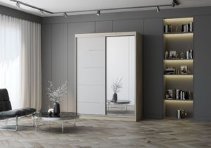 Skříň s posuvnými dveřmi Skříň s posuvnými dveřmi Šatní skříň 150 cm Sonoma/bílá se zrcadlem Vista 05