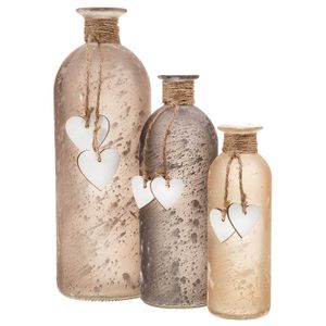 SIDCO Blumenvase 3 x Flaschenvase mit Herzen Vase satinieres Glas Dekovase rosa Töne