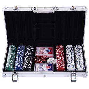 HOMCOM pokerový kufřík pokerová sada 300 žetonů 2 x balíček karet 5 x hrací kostka 1 x hliníkový kufřík 5 barev 38 x 20,5 x 6,5 cm 11,5 g/žeton vyrobeno z plastu