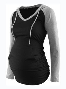 Damen Umstandsoberteile Kordelstring Mutterschaft Langarmshirts Schwangerschaft Pullover Graue Ärmel,Größe Xl