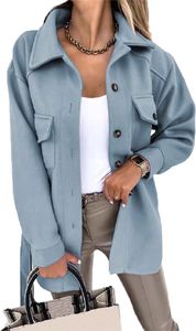 ASKSA Dámská jednoprsá košilová bunda s dlouhým rukávem, kardigan, kabát s opaskem, modrá, S