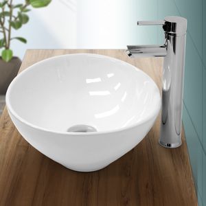ECD Germany Waschbecken Ovalform, 41x33x14 cm, Weiß, aus Keramik, Aufsatzwaschbecken ohne Überlauf, Handwaschbecken Aufsatzwaschtisch Spülbecken  Waschschale für Badezimmer