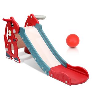 Fiqops Kinderrutsche 4-in-1 Kinder Rutsche Spielplatz Klappbar mit Basketballkorb Wurfring Englisch-Lerngerät Rot