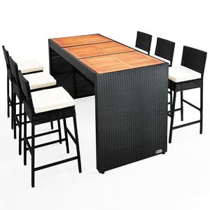 Casaria Polyrattan Gartenbar Set 185x80x110cm Akazie 7cm Sitzauflagen Outdoor Holz Wetterfest Theke Bar Barhocker Garten Terrasse Gartentheke Sitzgruppe