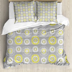 ABAKUHAUS Grau und Gelb Bettbezug, Blumen-Strudel, Milbensicher Allergiker geeignet mit Kissenbezügen, 200 cm x 200 cm - 80 x 80 cm, Senf-Gelb und Weiß