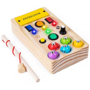 Montessori Busy Board Holz LED Lichtschalter Busy Board Fisch Sensory Spielzeug Puzzle-Spiel Farberkennung