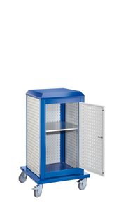 Tool-Tower klein, BxTxH 700x700x1260 mm, mobil, 3 Lochplatten außen, 2 Lochplatten innen, 1 Tür, RAL 5010/7035