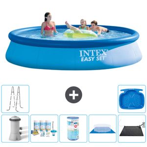 Intex runder aufblasbarer Easy Set-Schwimmpool – 396 x 84 cm – Blau – inklusive Pumpe Wartungspaket - Filter - Bodenplane - Solarmatte - Leiter - Fußbad
