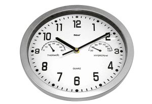 MEBUS quartzové nástenné hodiny analógové s teplomerom / vlhkomerom bez 1x AA batérie Ø22,5cm strieborné